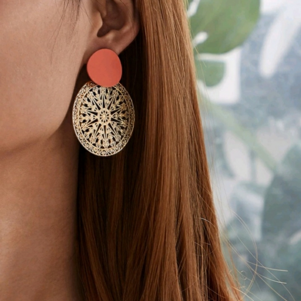 Two Toned Hollow Out Round Drop Earrings